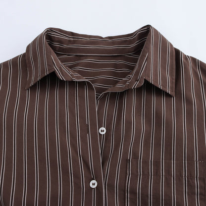 Oversized Striped Collared Shirt Long Sleeve Pocket