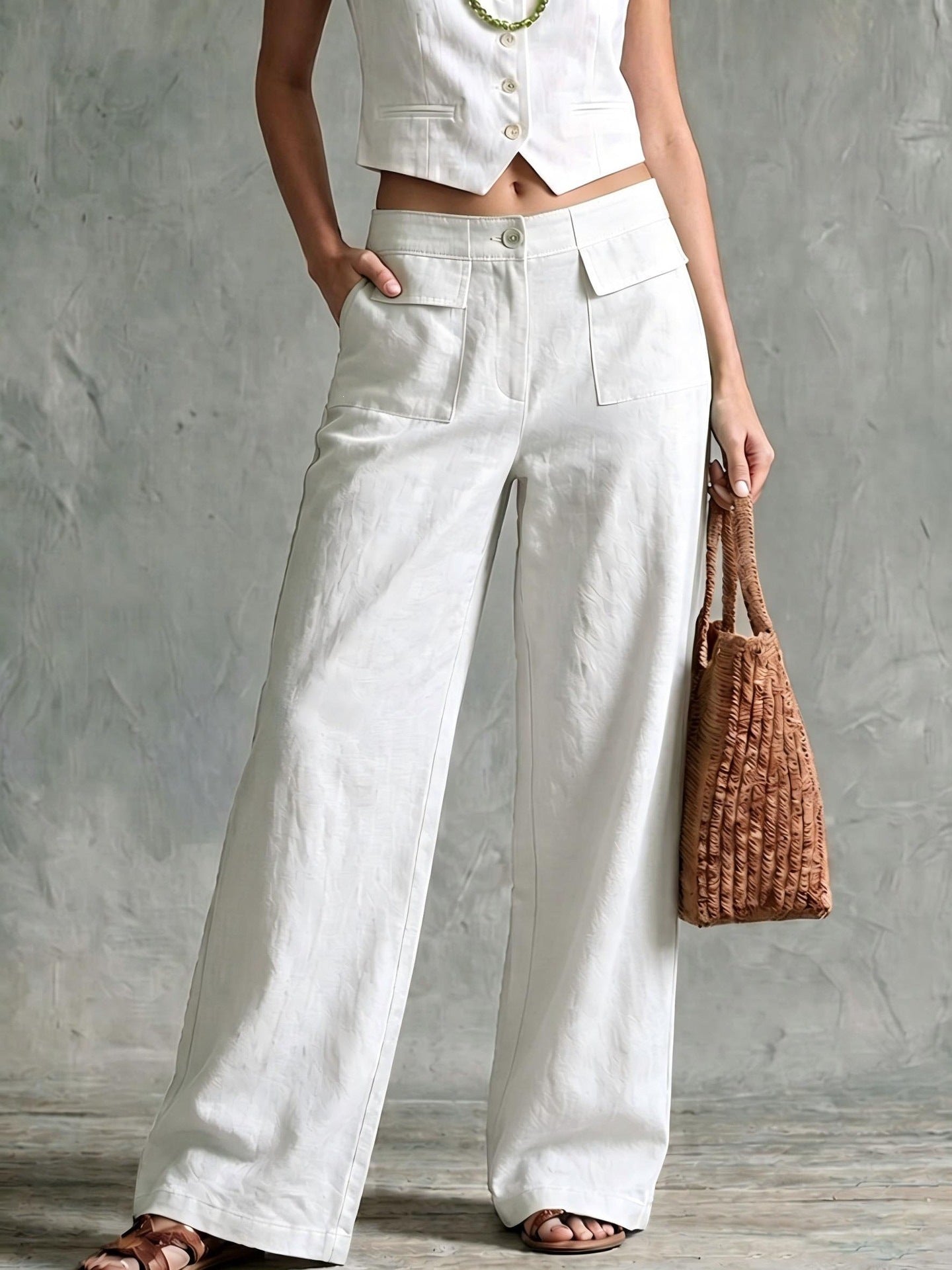 Women Cotton Linen High Waisted Wide Leg Casual Pants