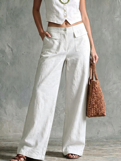 Women Cotton Linen High Waisted Wide Leg Casual Pants