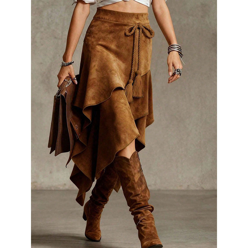 Western Faux Suede Asymmetrical Midi Skirt