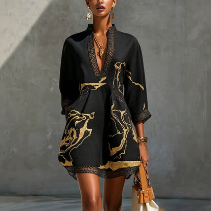 Women's V-Neck Lace Gold Metallic Mini Dress 3/4 Sleeve