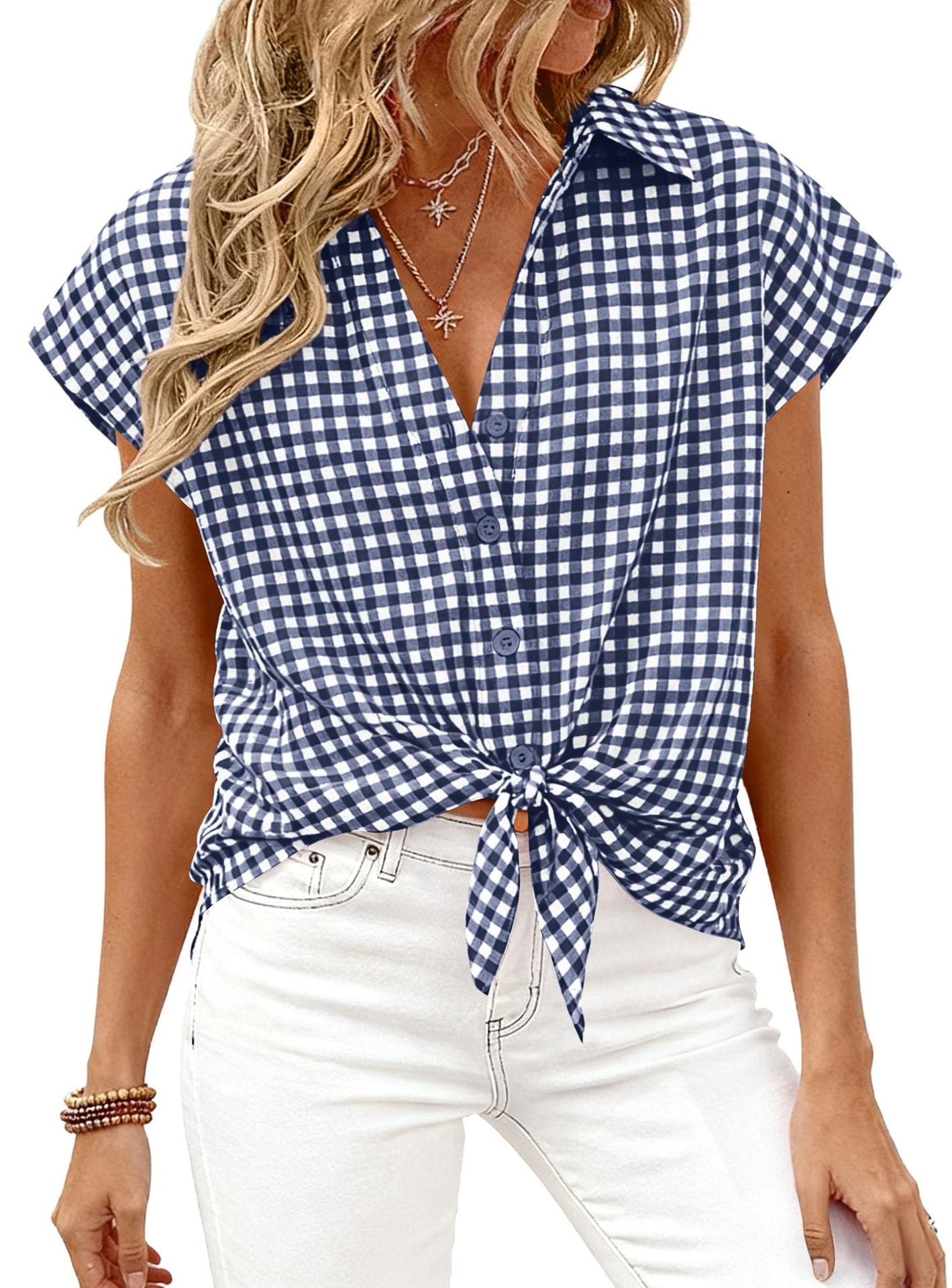 Gingham Button Down Short Sleeve Loose Fit Blouse