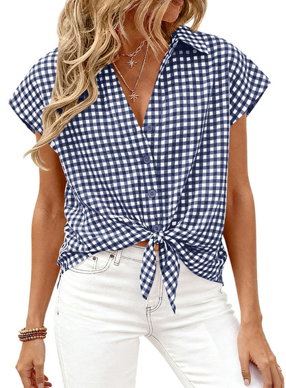 Gingham Button Down Short Sleeve Loose Fit Blouse