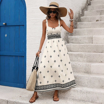 Boho Square Neck Maxi Dress Backless Beach Vacation Dress