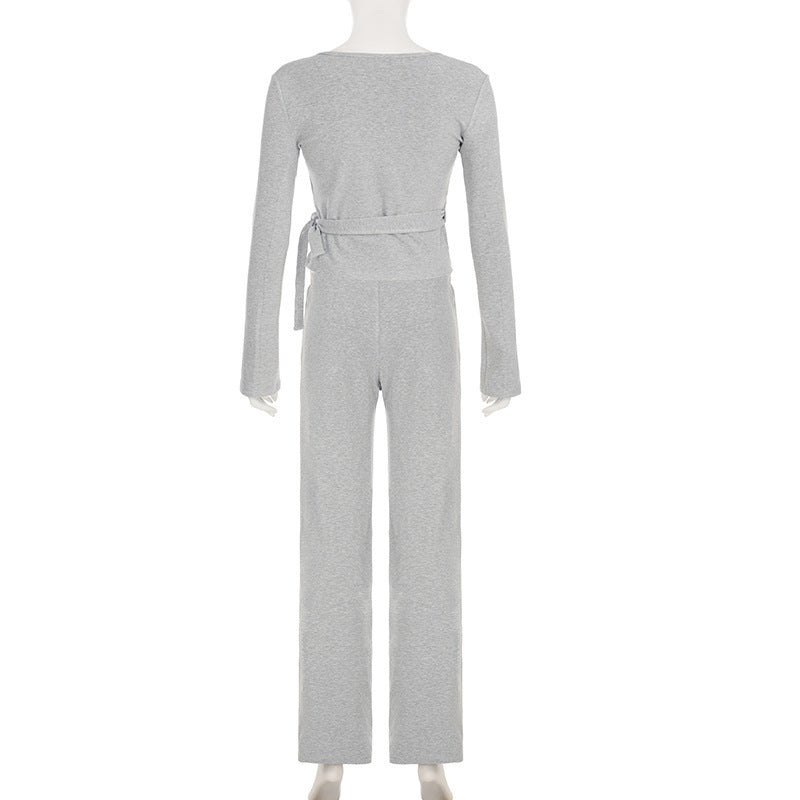 Women Sexy V Neck Wrap Top Wide Leg Pants Two Piece Set