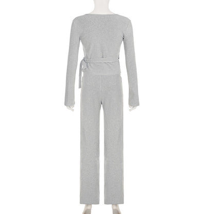 Women Sexy V Neck Wrap Top Wide Leg Pants Two Piece Set
