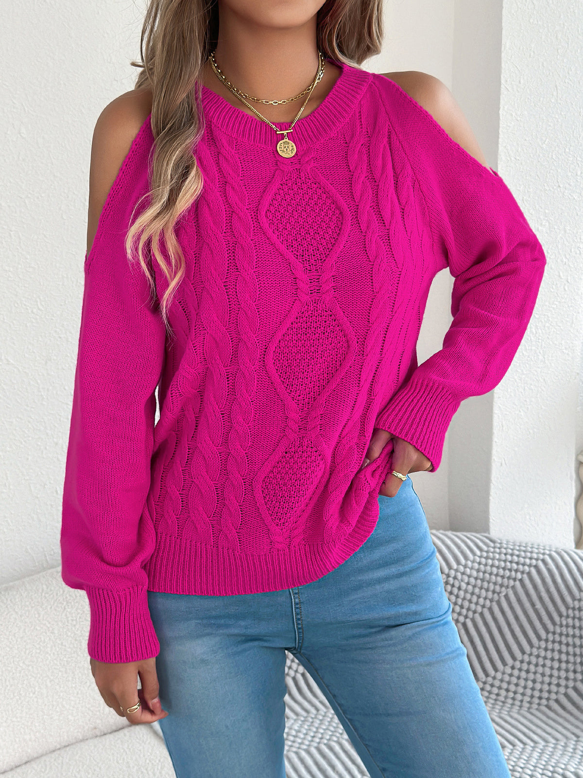 Women's Cold Shoulder Cable Knit Pullover Sweater
