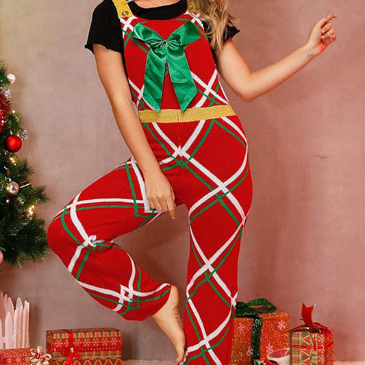 Red Plaid Bow Tie Christmas Jumpsuit for Women