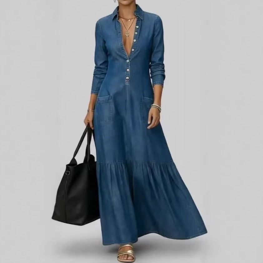 Vintage Denim Shirt Dress Button Front Maxi Collar