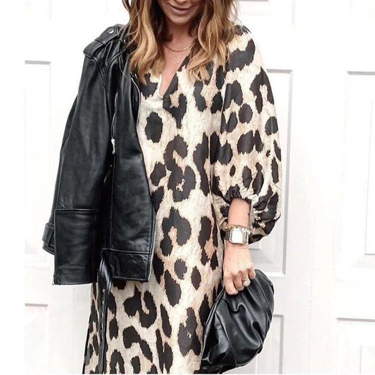 Women's Leopard Print V-Neck Balloon Sleeve Maxi Dress