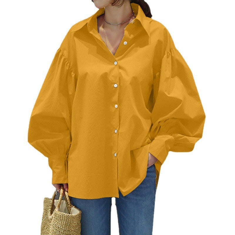 Women's Oversized Balloon Sleeve Collared Button-Up Blouse