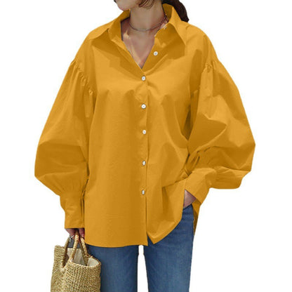 Women's Oversized Balloon Sleeve Collared Button-Up Blouse