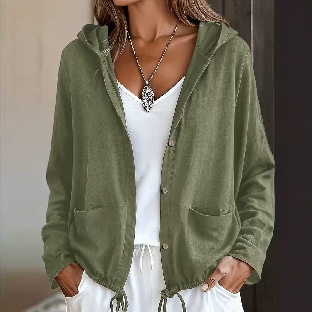Women's Casual Hooded Button Jacket with Pockets