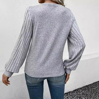 Women's V Neck Button Detail Puff Sleeve Top