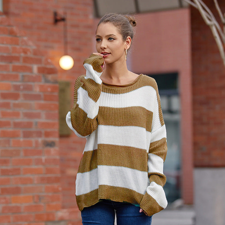 Women's Oversized Striped Crewneck Knit Sweater Pullover
