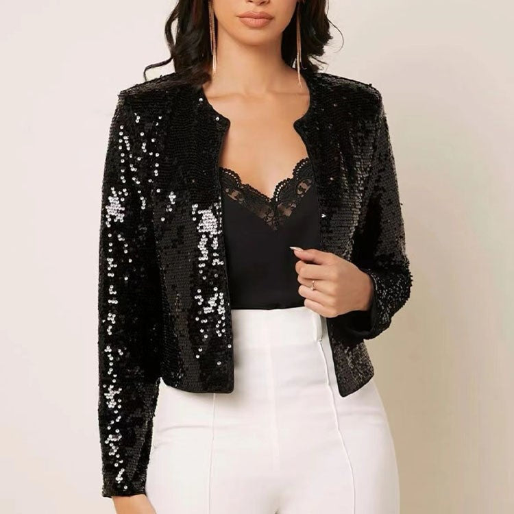 Women's Sequin Cropped Zip-Up Jacket Party Blazer