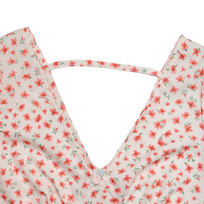 Floral Puff Sleeve V-Neck Backless Mini Summer Dress