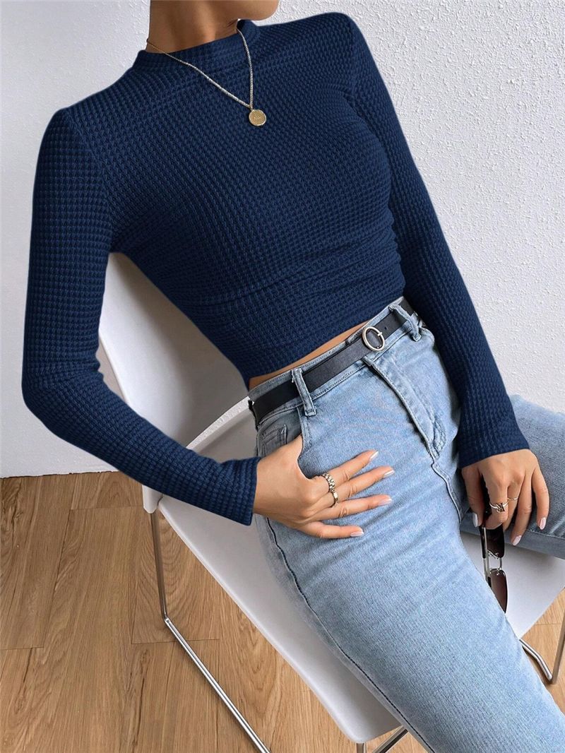Women's Ruched Waffle Knit Long Sleeve Crop Top