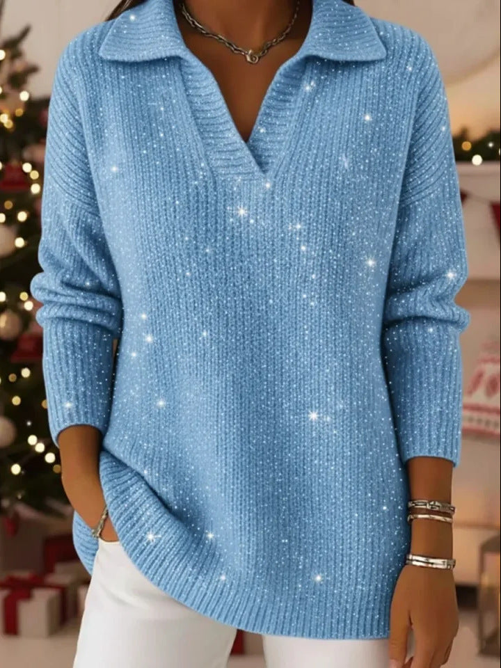 Sparkly Collared V-Neck Sweater Tunic