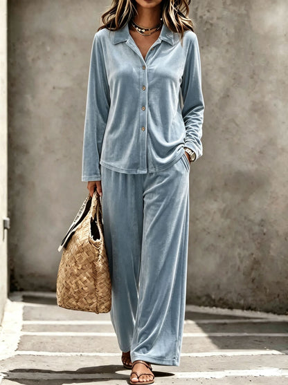 Women's Velvet Shirt Wide Leg Pants Two Piece Set