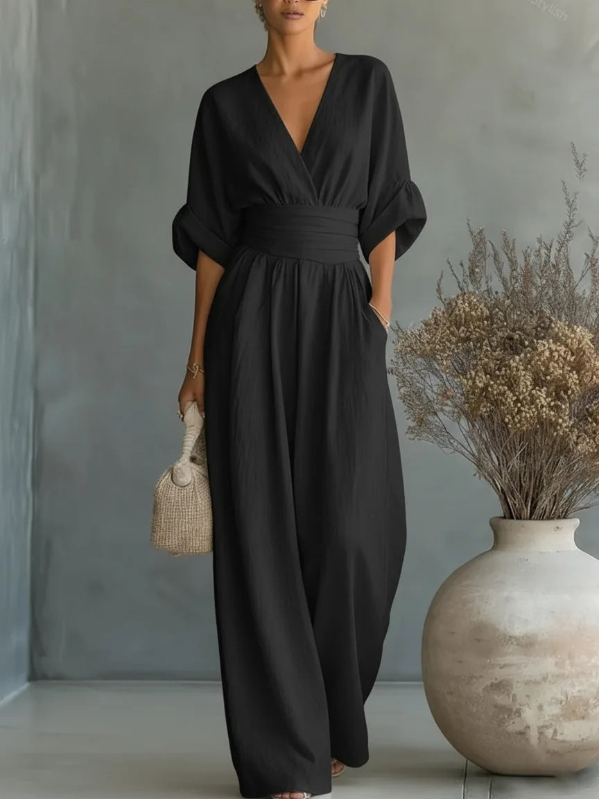 Women's Elegant V-Neck High Waist Wide Leg Jumpsuit