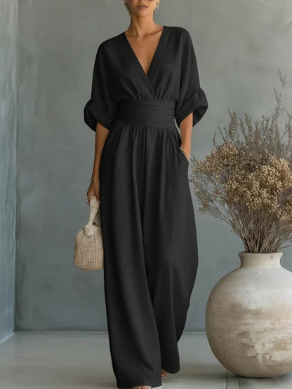 Women's Elegant V-Neck High Waist Wide Leg Jumpsuit