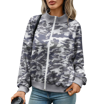 Women's Oversize Zip Up Printed Sweatshirt Mock Neck Ribbed