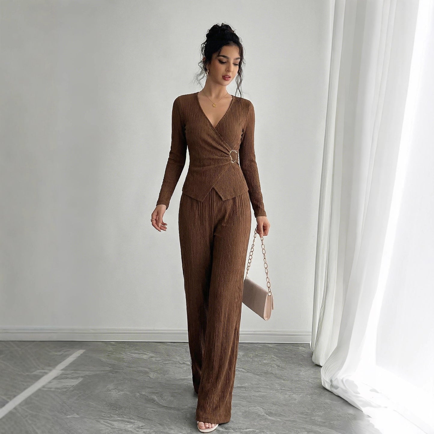 Ribbed Knit Wrap Lounge Set V Neck Top Wide Leg Pants