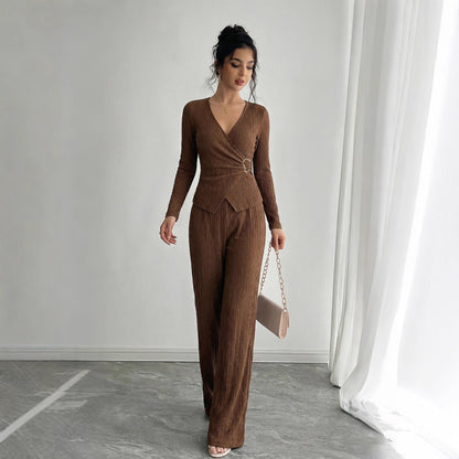 Ribbed Knit Wrap Lounge Set V Neck Top Wide Leg Pants