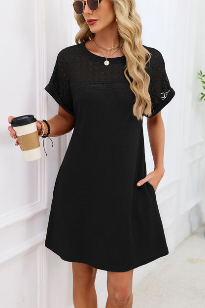 Blue Gray Yoke Loose T Shirt Dress Crew Neck