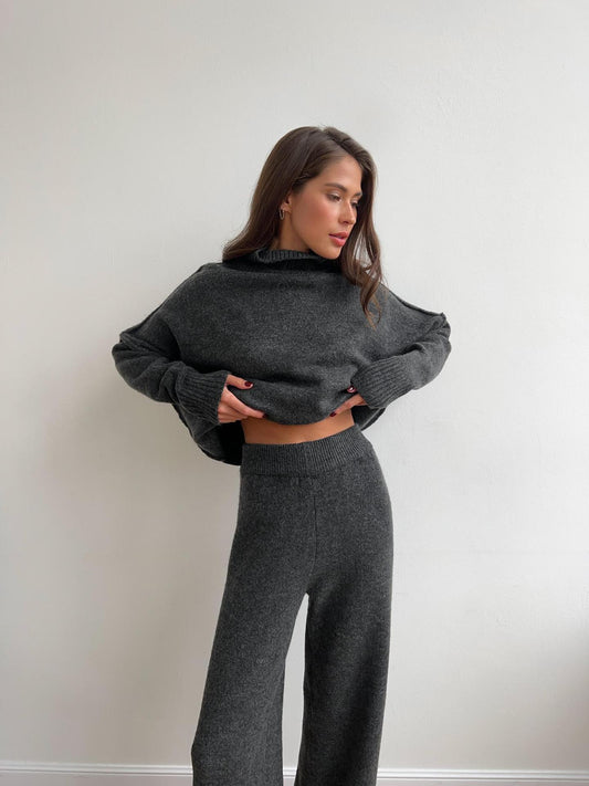 Turtleneck Knit Top with Wide Leg Pants Set