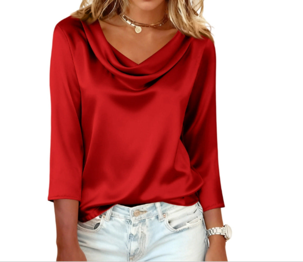 Women's Satin Cowl Neck Blouse 3/4 Sleeve Top