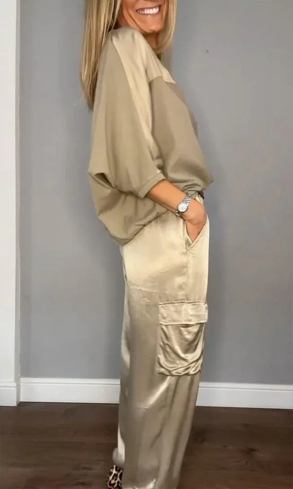 Women's Satin Cargo Joggers Half Sleeve Two Piece Set