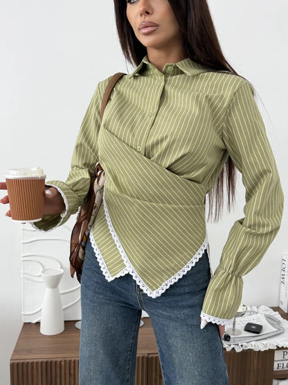 Striped Wrap Shirt with Lace Trim Long Sleeves