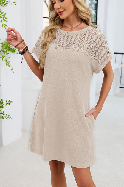 Blue Gray Yoke Loose T Shirt Dress Crew Neck