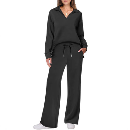 Women's 2-Piece Set Collared Top Drawstring Wide Leg Pants