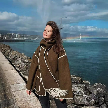 Women's Oversized Faux Wool Scarf Coat With Fringe