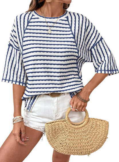 Striped Cotton Blend Tee Casual Half Sleeve Top