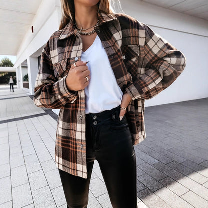 Women's Oversized Plaid Shacket Button Up Jacket