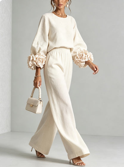 Women's Floral Cuff Top Wide Leg Pants Matching Set