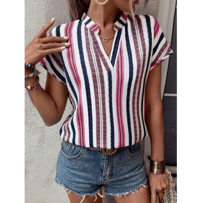 Striped V-Neck Batwing Sleeve Blouse for Women