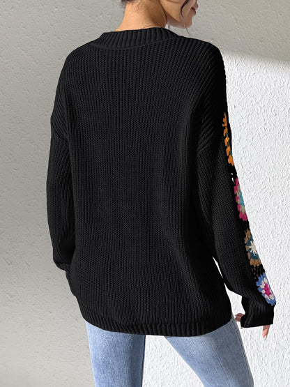 Women's Hand Hook Splicing Long Sleeve V-Neck Sweater Casual