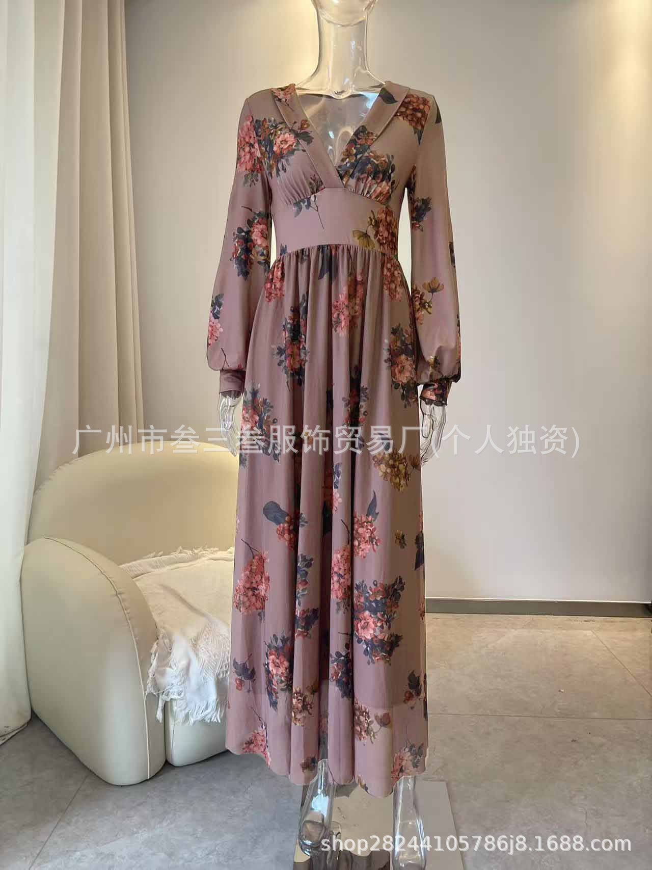Boho Floral Long Sleeve V Neck Maxi Dress