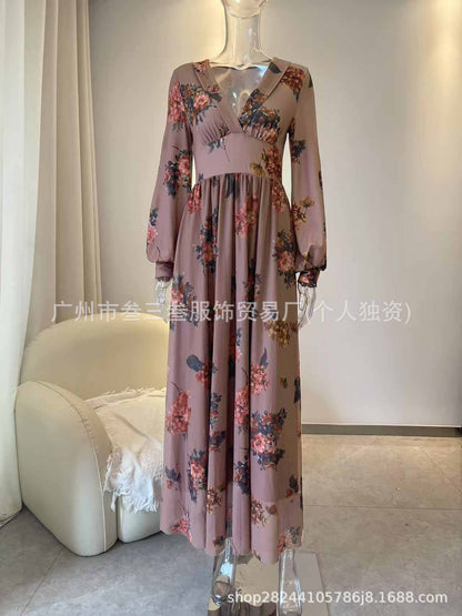 Boho Floral Long Sleeve V Neck Maxi Dress