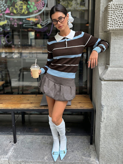 Striped Knit Polo Sweater Colorblock Long Sleeve