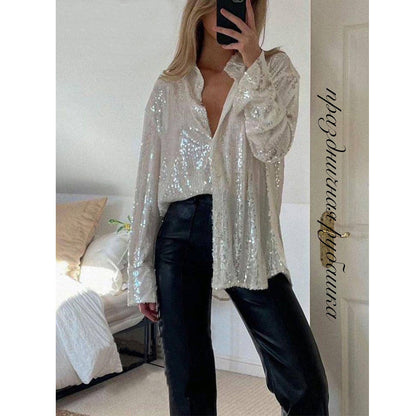 Sequin Collared Long Sleeve Button Down Blouse