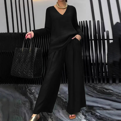 Women's Casual V Neck Wide Leg Pants Matching Set Plus Size