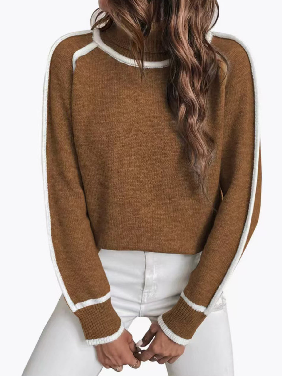 Oversized Contrast Trim Turtleneck Sweater Raglan Sleeve