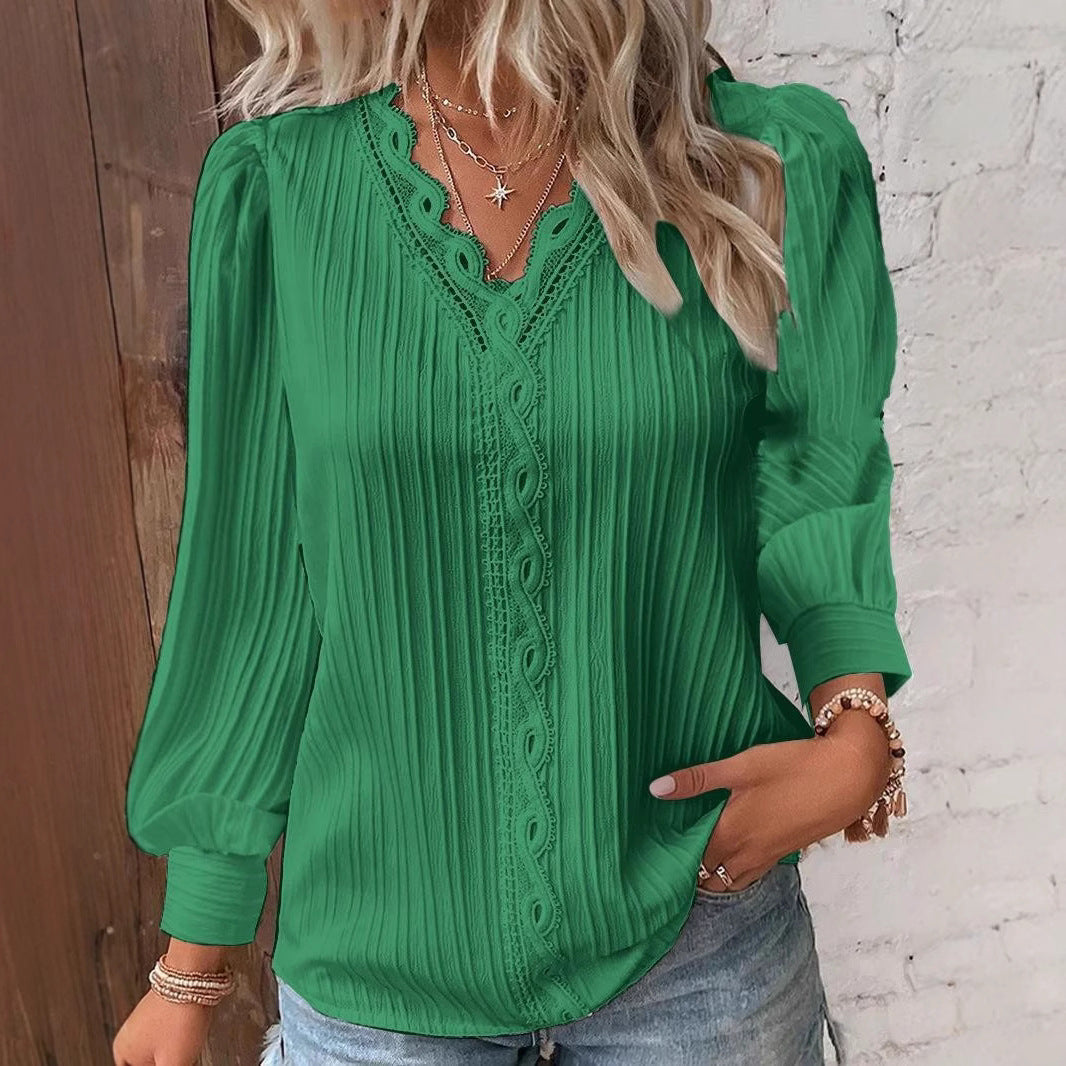 Women V Neck Eyelet Lace Puff Sleeve Blouse