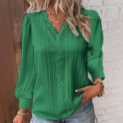Women V Neck Eyelet Lace Puff Sleeve Blouse